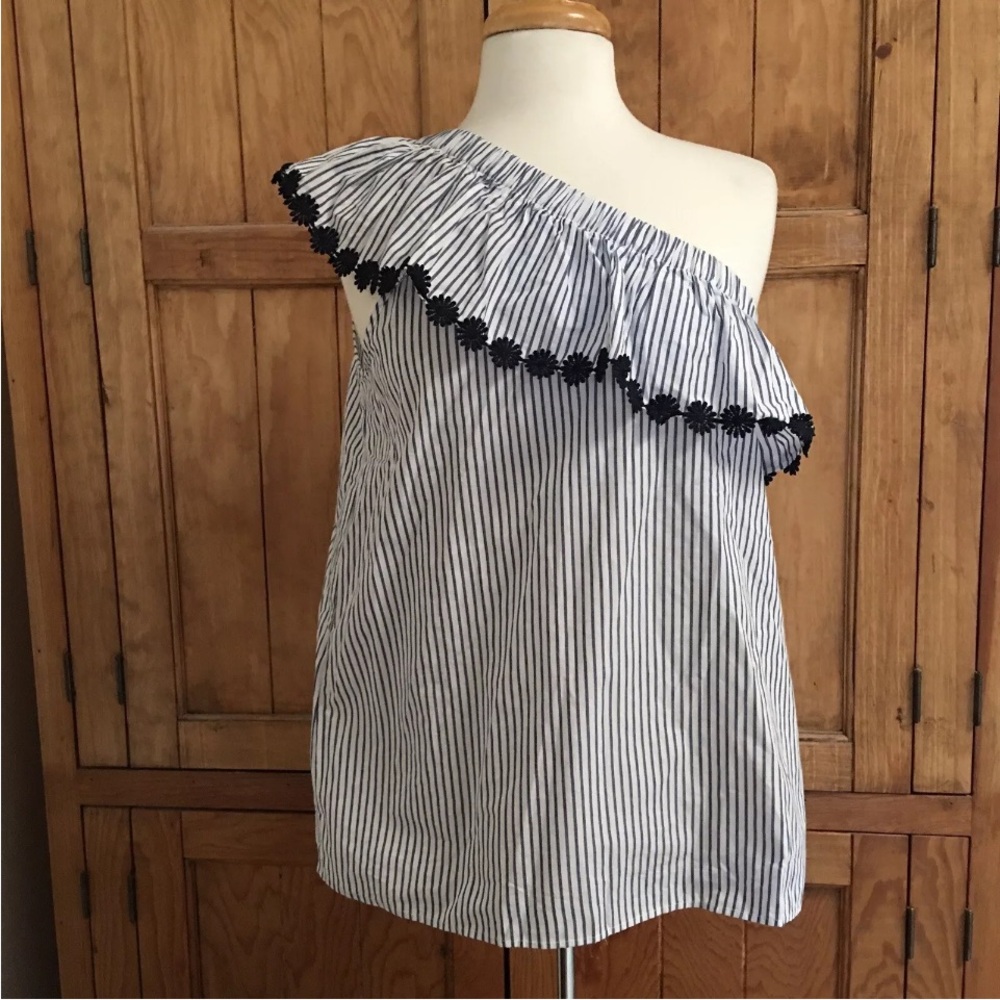 🌺 LOFT Womens Sz M One Shoulder Navy White Stripe Top
